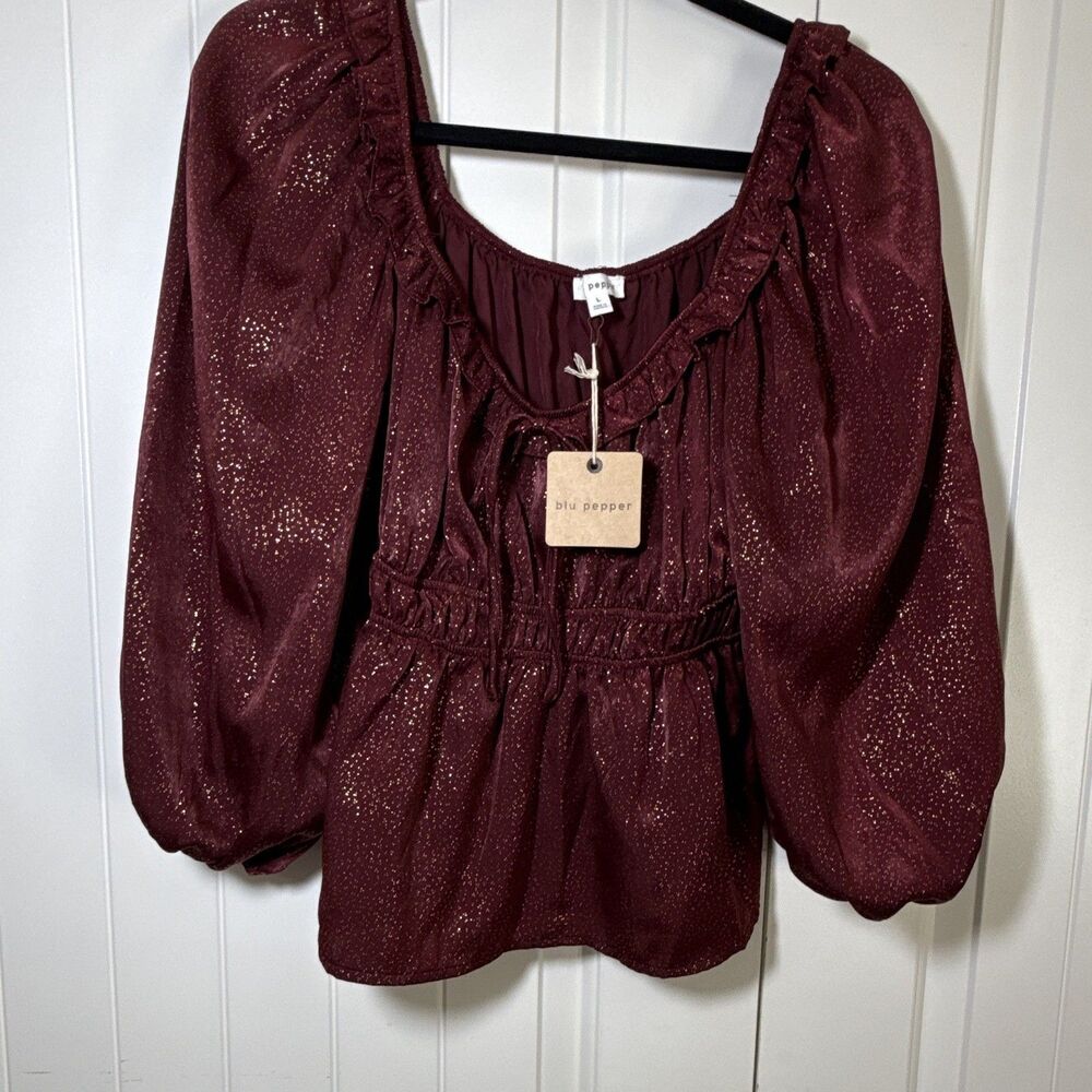 Blu Pepper Burgundy Chiffon Glitter Ruffle Square Neck Puff Sleeve Blouse L